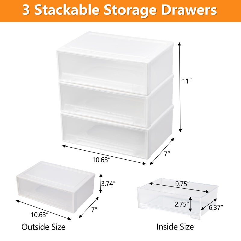 Flytreal 3 Stackable Plastic Storage Drawers, Small Drawer Organizer Container Bins for Home Office Vanity Desk Accessories, Stationery, Pens, Markers, Art Craft Supplies, Makeup, Jewelry (White) - Image 2