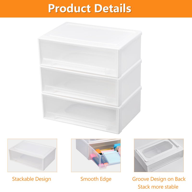 Flytreal 3 Stackable Plastic Storage Drawers, Small Drawer Organizer Container Bins for Home Office Vanity Desk Accessories, Stationery, Pens, Markers, Art Craft Supplies, Makeup, Jewelry (White) - Image 4