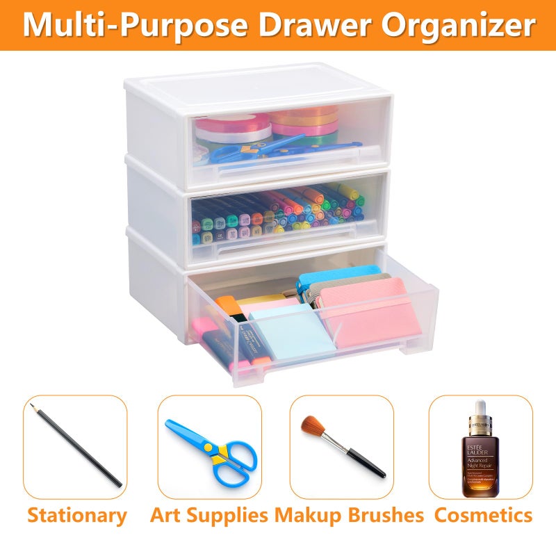 Flytreal 3 Stackable Plastic Storage Drawers, Small Drawer Organizer Container Bins for Home Office Vanity Desk Accessories, Stationery, Pens, Markers, Art Craft Supplies, Makeup, Jewelry (White) - Image 3