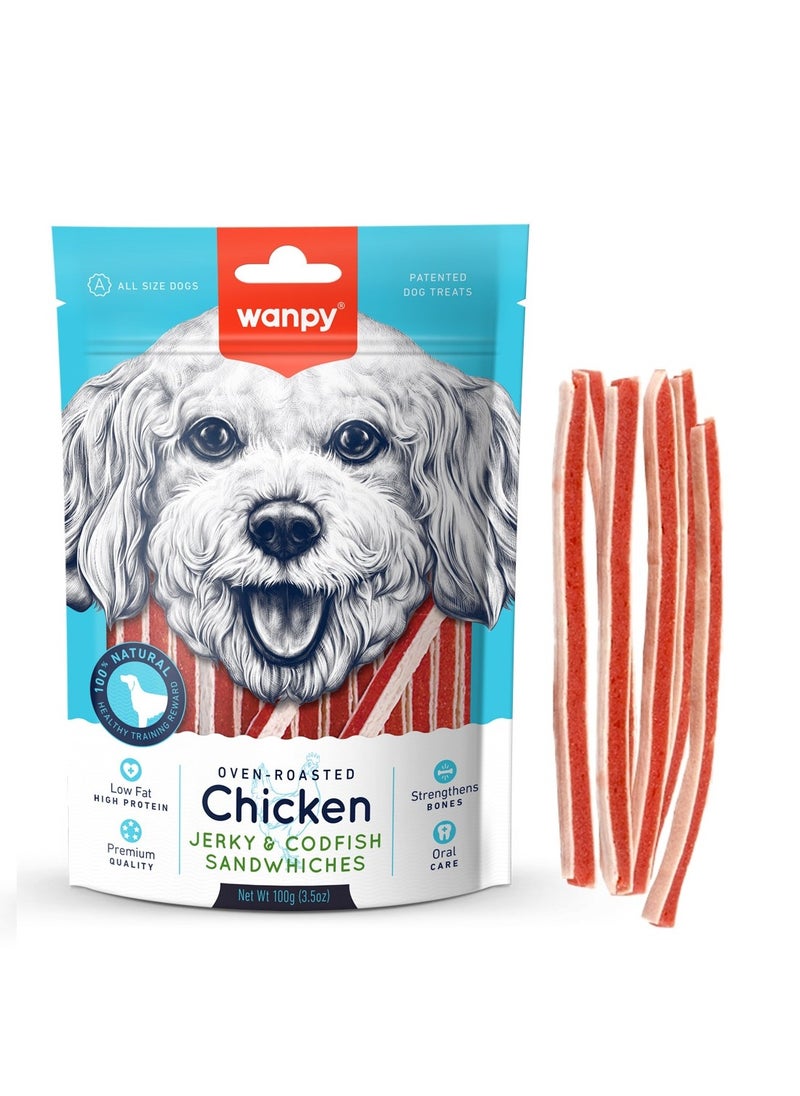 Wanpy Oven Roasted Chicken Jerky And Codfish Sandwiches Dog Treats 100g 
