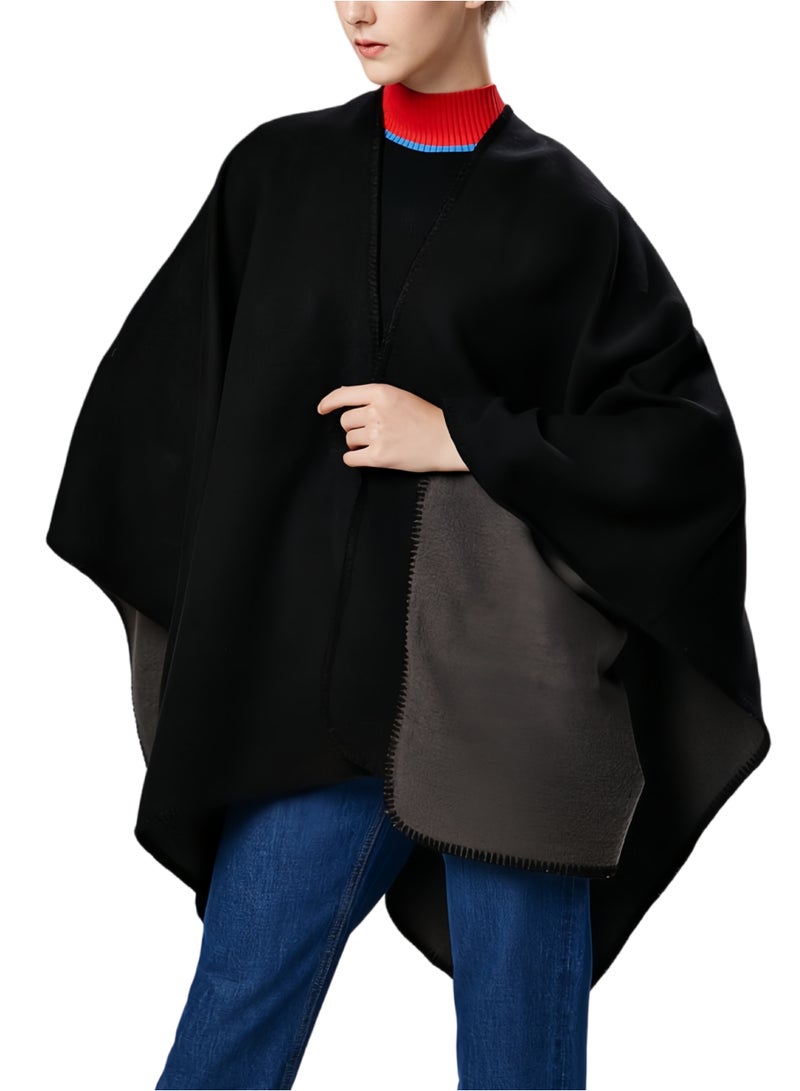 Eilimi Women's solid color shawl wrap plus size cardigan cape can be worn front and back - Image 1