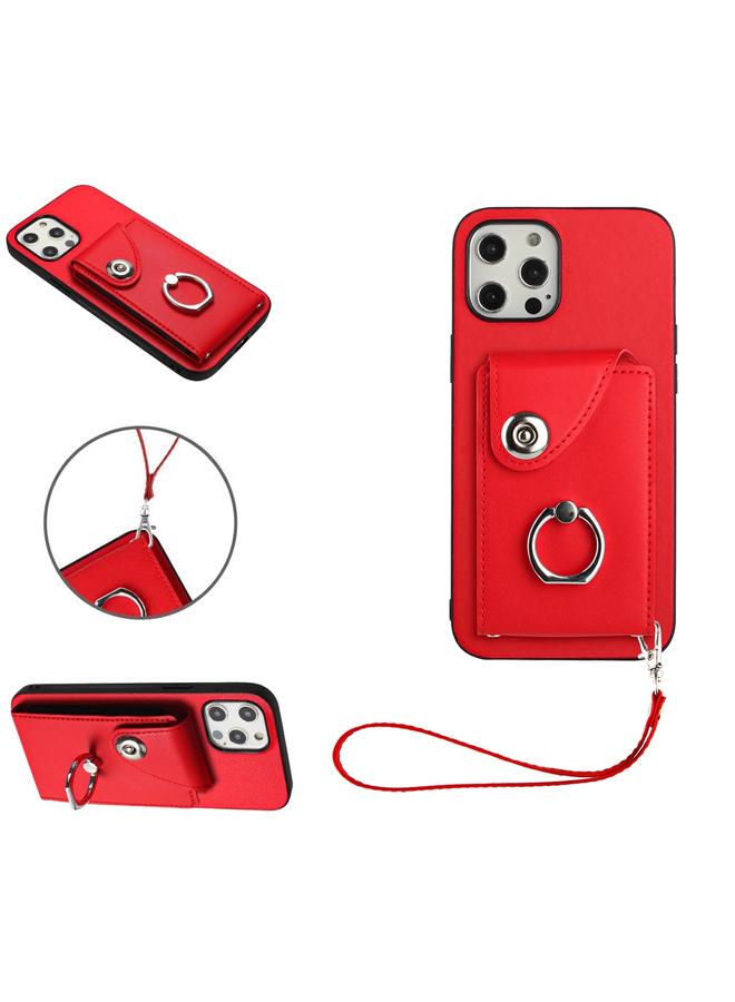 S-TOP Case For iPhone 12 Organ Card Bag Ring Holder PU Phone Case with Lanyard - Image 1