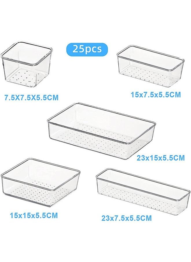 25 PCS Clear Plastic Drawer Organizers Set, 4-Size Versatile Bathroom and Vanity Drawer Organizer Trays, Storage Bins for Makeup, Jewelries, Kitchen Utensils and Office