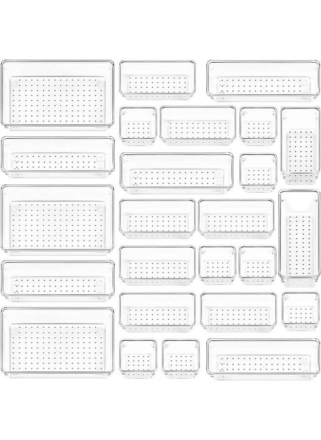 Arabest 25 PCS Clear Plastic Drawer Organizers Set, 4-Size Versatile Bathroom and Vanity Drawer Organizer Trays, Storage Bins for Makeup, Jewelries, Kitchen Utensils and Office  - Image 1