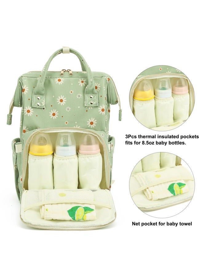 Yusudan Corduroy Diaper Bag Backpack for Baby Girls Boys, Women Large Nappy Bags for Mom, Green Corduroy Daisy, L, Casual, Eclectic - Image 3