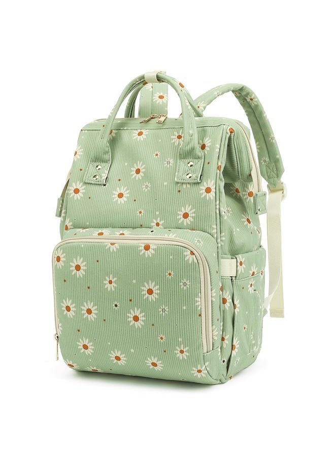 Yusudan Corduroy Diaper Bag Backpack for Baby Girls Boys, Women Large Nappy Bags for Mom, Green Corduroy Daisy, L, Casual, Eclectic - Image 1