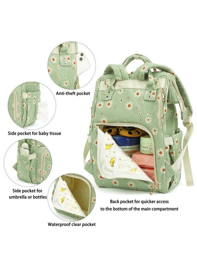Yusudan Corduroy Diaper Bag Backpack for Baby Girls Boys, Women Large Nappy Bags for Mom, Green Corduroy Daisy, L, Casual, Eclectic - Image 4