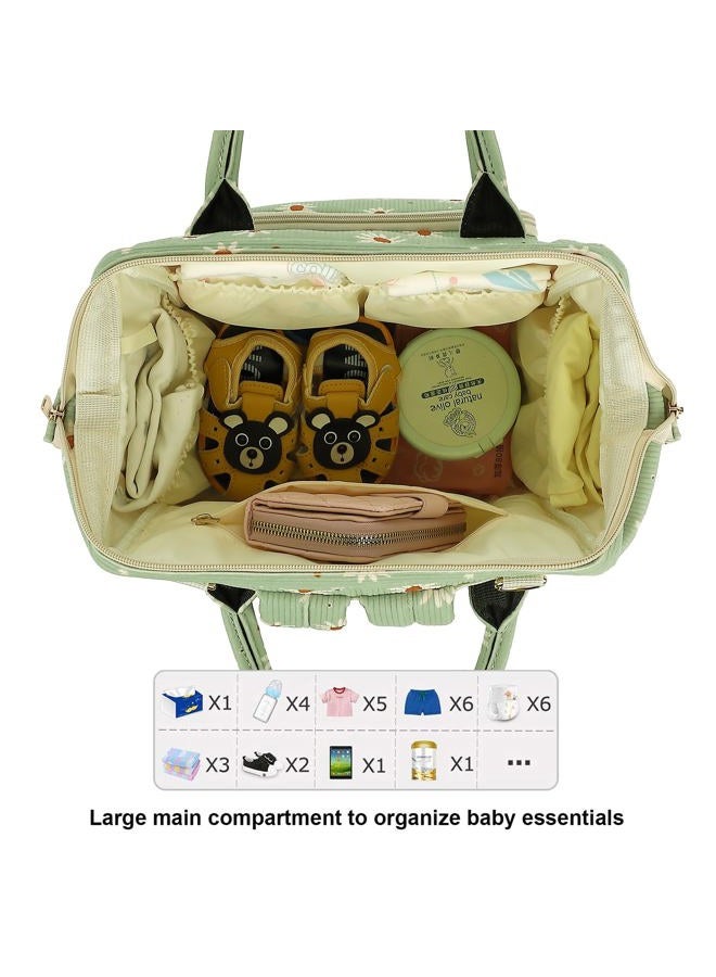 Yusudan Corduroy Diaper Bag Backpack for Baby Girls Boys, Women Large Nappy Bags for Mom, Green Corduroy Daisy, L, Casual, Eclectic - Image 5
