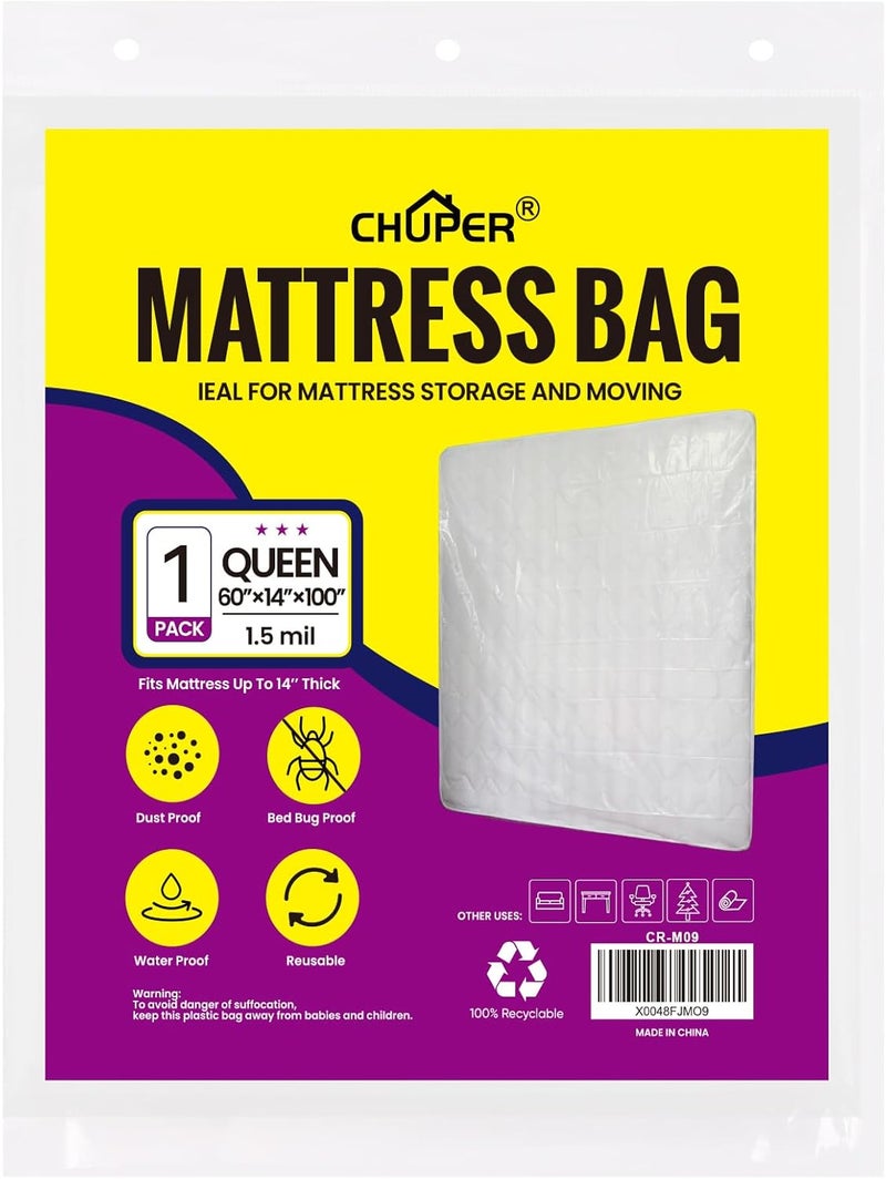 CHUPER Queen Mattress Bags for Moving and Disposal – Waterproof Queen Mattress Plastic Cover for Moving - Image 1