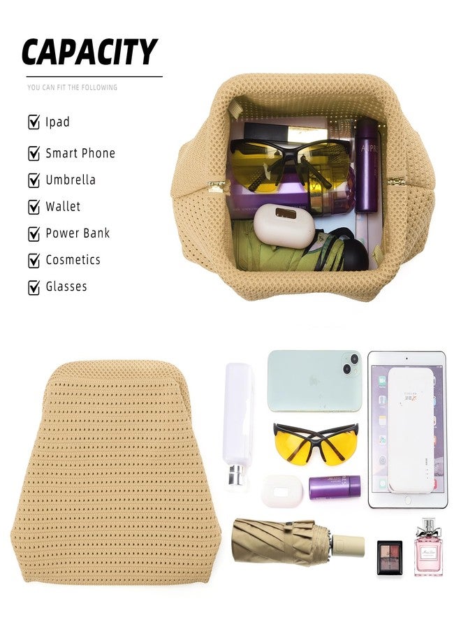 Valleycomfy Beach Clutch,Woven Clutch Purses,Cloud Dumpling Pouch Purse,Crossbody Bags,Hollow Evening Bag for Women,Khaki - Image 3