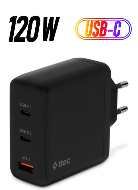 Super Fast Gan 120W 2x Pd Type C and 1x USB Port Charger, Current and Heat Protected Charging Adapter