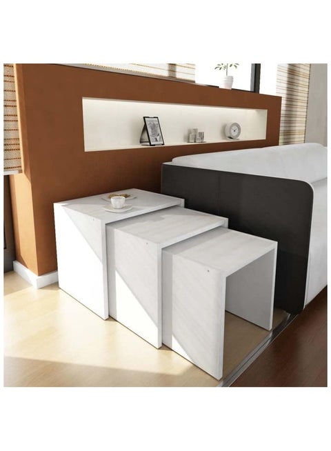 طقم طاولة قهوة خشبية متعددة الوظائف لغرفة المعيشة والاريكة من 3 قطع ابيض