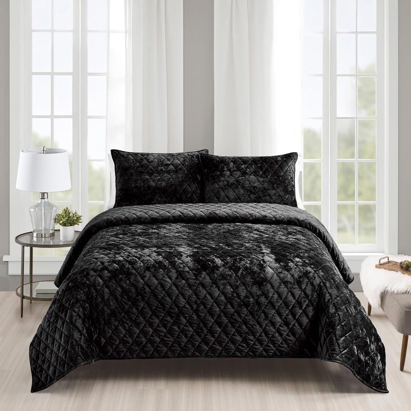 Fredsure Distressed Velvet Quilt Set, 3 Pieces Black King, Distressed Velvet Face and Brushed Microfiber Reverse with Diamond Quilting - Image 1