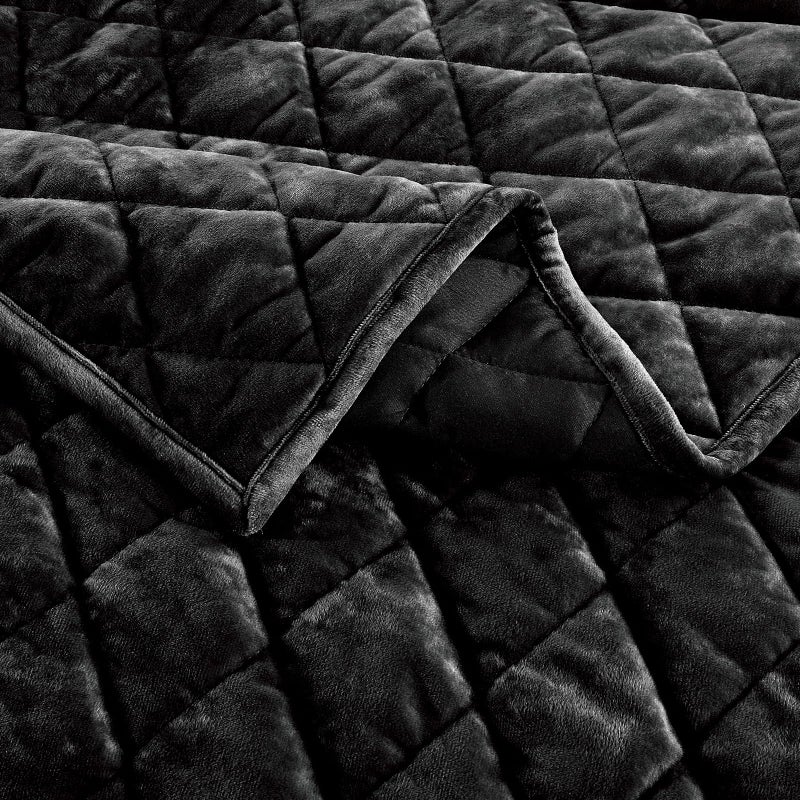 Fredsure Distressed Velvet Quilt Set, 3 Pieces Black King, Distressed Velvet Face and Brushed Microfiber Reverse with Diamond Quilting - Image 4