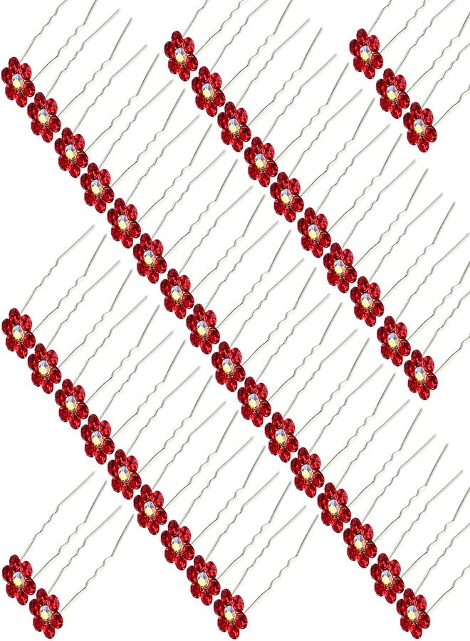 BETITETO Rhinestone Flower Hair Pins, 40 Pcs U-Shaped Crystal Party Wedding Bridal Hair Accessories for Women Girls (Red) - Image 3