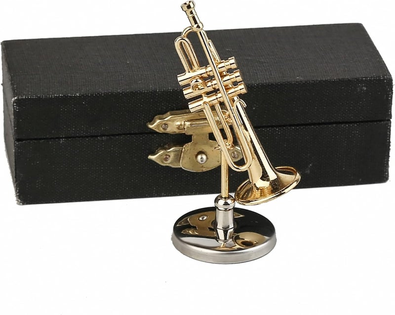 Dselvgvu Miniature Trumpet with Stand and Case Brass Mini Musical Instrument Trumpet Replica Collectible Figurines Model Birthday Gift Home Decoration Display Ornament (2.36"x0.79") - Image 1