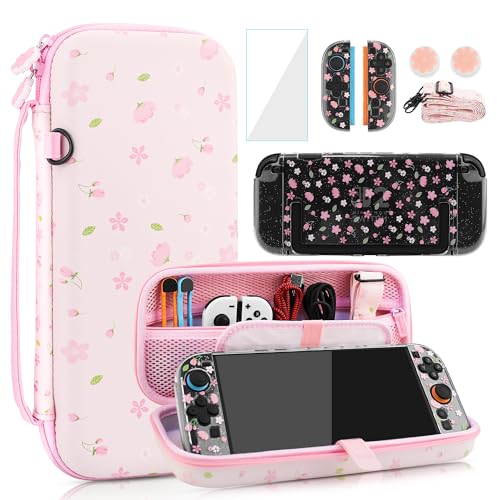 FANPL Cute Carrying Case Bundle for Nintendo Switch 2 Pink Switch Cover Accessories Kit with Flower Hard Travel Case Glitter Sakura Cover Adjustable Strap Screen Protector Thumb Grip Caps - Image 1