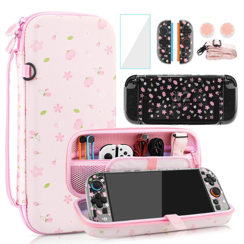 FANPL Cute Carrying Case Bundle for Nintendo Switch 2 Pink Switch Cover Accessories Kit with Flower Hard Travel Case Glitter Sakura Cover Adjustable Strap Screen Protector Thumb Grip Caps - Image 2