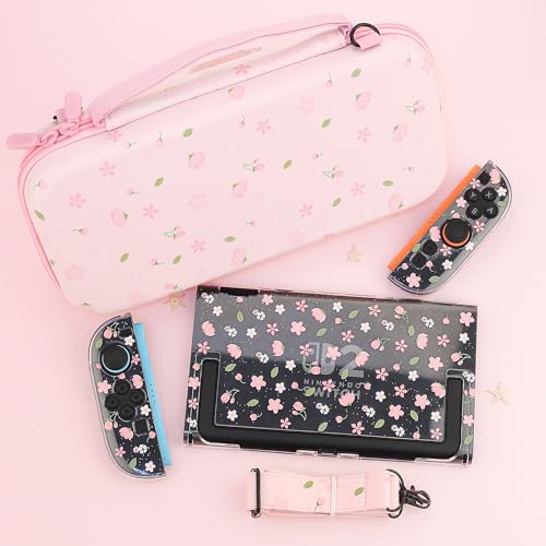 FANPL Cute Carrying Case Bundle for Nintendo Switch 2 Pink Switch Cover Accessories Kit with Flower Hard Travel Case Glitter Sakura Cover Adjustable Strap Screen Protector Thumb Grip Caps - Image 3