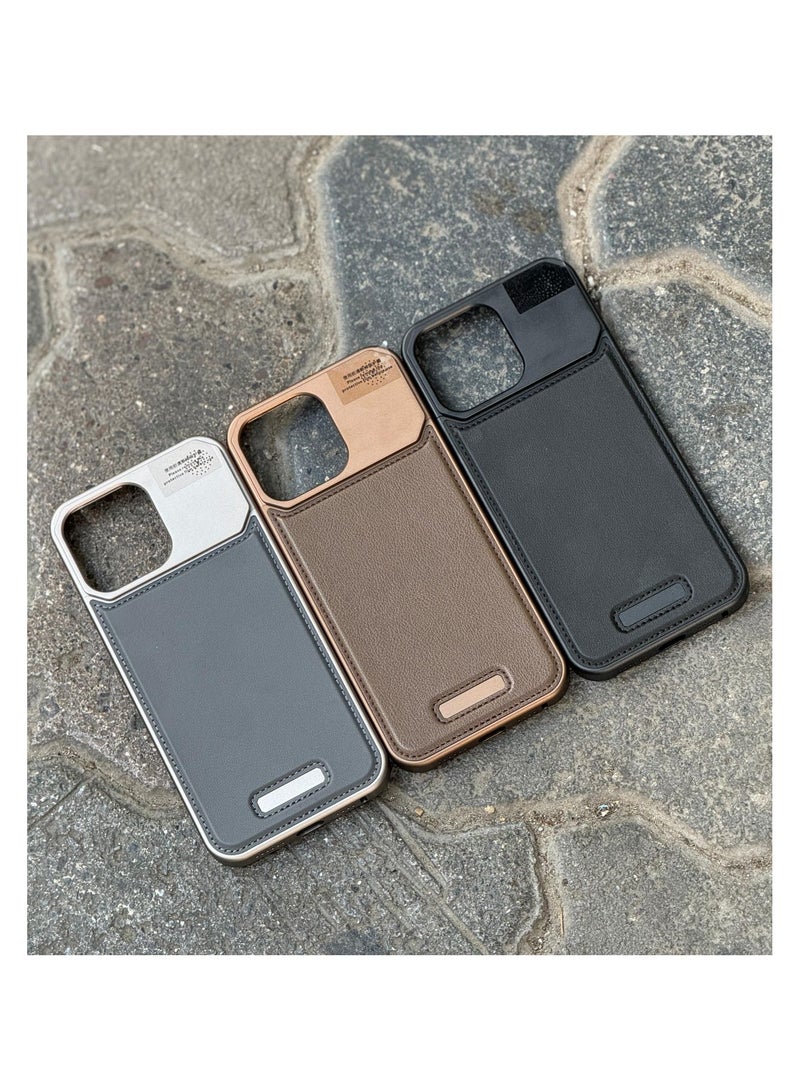 Aviation Aluminum Alloy Leather Case for iPhone 15 Pro Max, Slim Fit Metal Case, Lightweight Top-Grain Leather Phone Case, Magsafe Compatible, Built-in Fragrance Diffuser,black  - Image 1