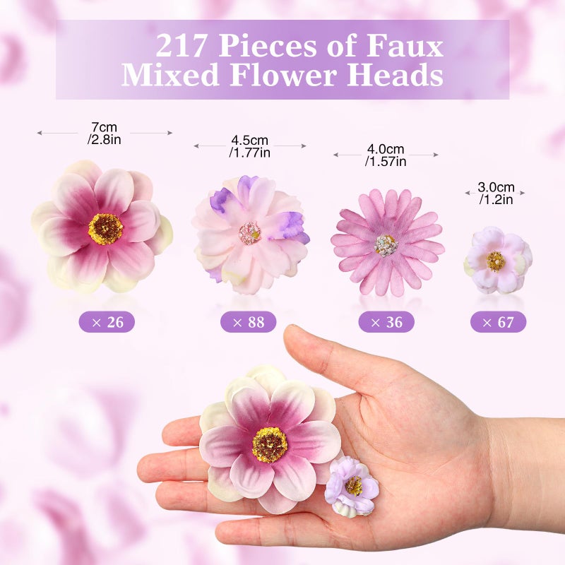 Cindeer 217 Pieces Flower Mini Silk Heads Fake Rose Daisy Faux Flowers for Crafts Rose Flowers Plum Blossom Heads Sunflower Daisy Wedding Decoration for Halloween Home Wedding  2-4 cm (Purple Series) - Image 2
