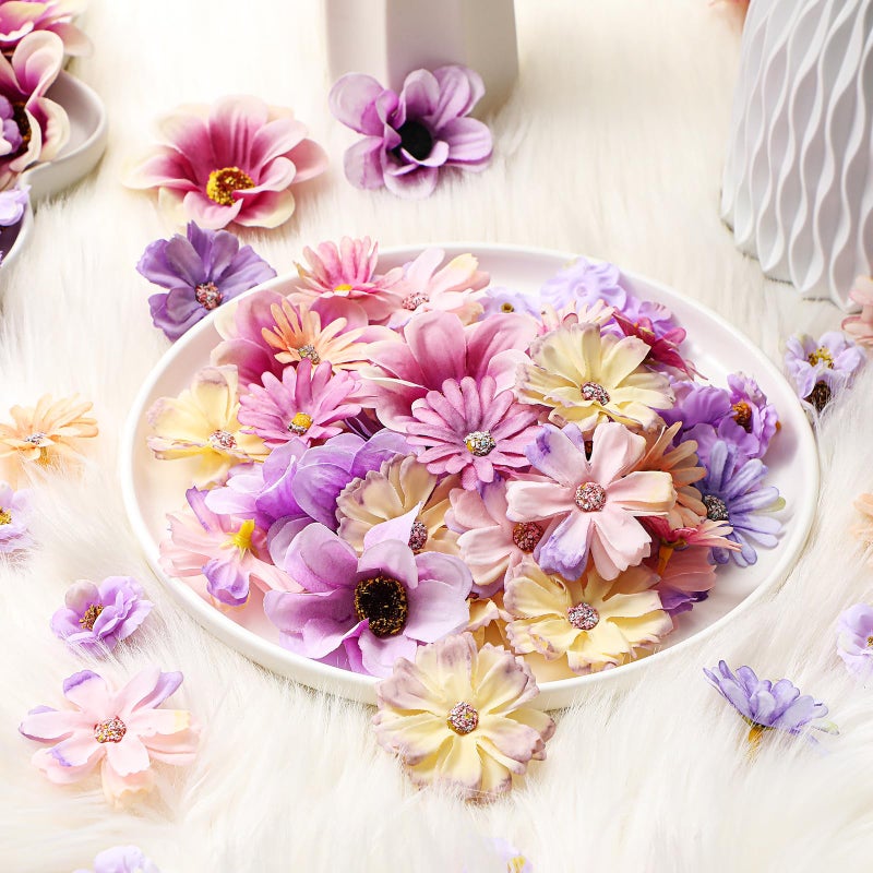 Cindeer 217 Pieces Flower Mini Silk Heads Fake Rose Daisy Faux Flowers for Crafts Rose Flowers Plum Blossom Heads Sunflower Daisy Wedding Decoration for Halloween Home Wedding  2-4 cm (Purple Series) - Image 3