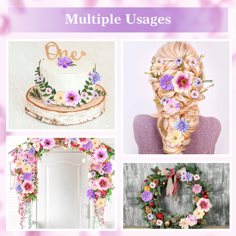 Cindeer 217 Pieces Flower Mini Silk Heads Fake Rose Daisy Faux Flowers for Crafts Rose Flowers Plum Blossom Heads Sunflower Daisy Wedding Decoration for Halloween Home Wedding  2-4 cm (Purple Series) - Image 5