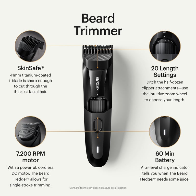 MANSCAPEDÂ® The Beard HedgerÂ® Premium Men's Beard Trimmer, 20 Length Adjustable Blade Wheel, Stainless Steel T-Blade for Precision Facial Hair Trimming, Cordless Waterproof Wet/Dry Clipper - Image 2