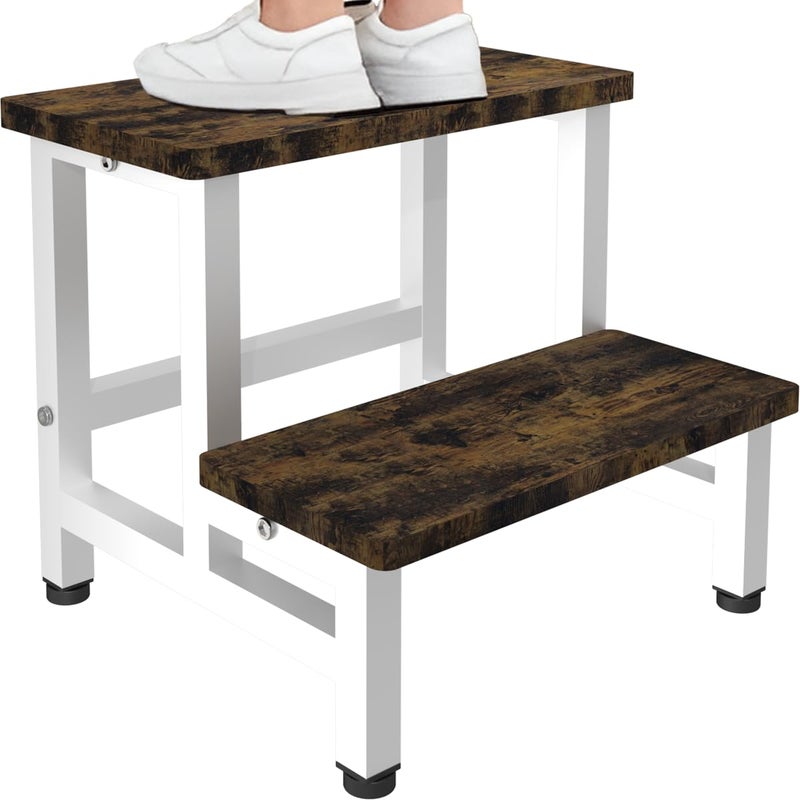 Tigerden Wooden 2 Step Stool for Toddlers Kids and Adults, Heavy Duty Stepping Stools with 500 LB Load Capacity, Foot Step Stool for Bed, Living Room, Bathroom, Kitchen - Rustic Brown & White - Image 1