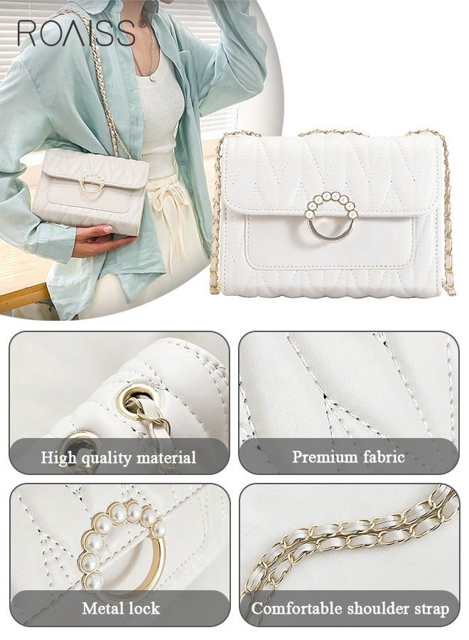 roaiss White Sweet Pearl Decor Shoulder Crossbody Square Bag Stylish Casual Flap Metal Magnetic Quilted PU Leather Clutch for Women  - Image 5