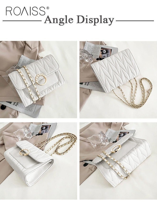 roaiss White Sweet Pearl Decor Shoulder Crossbody Square Bag Stylish Casual Flap Metal Magnetic Quilted PU Leather Clutch for Women  - Image 2