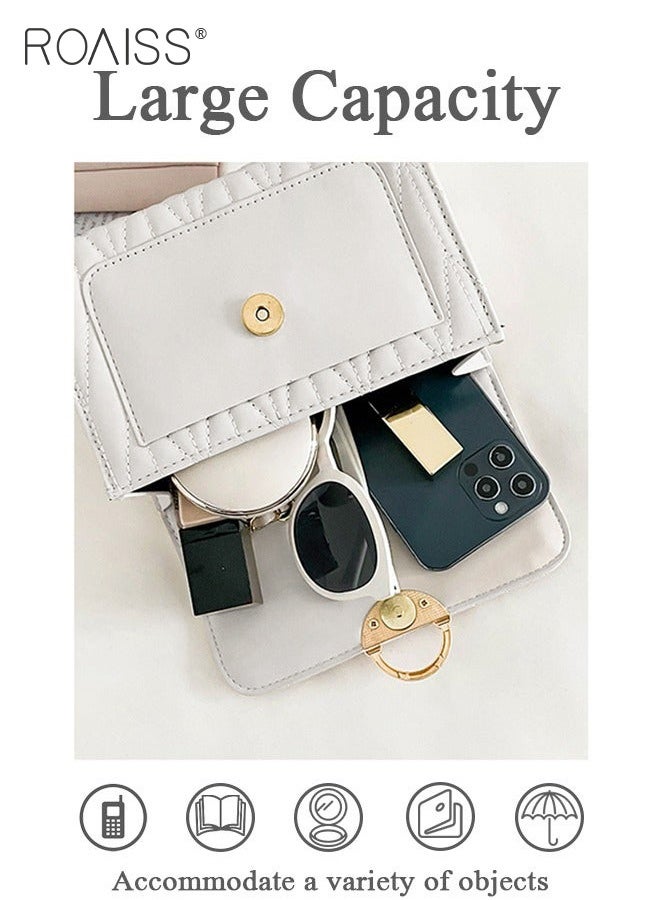 roaiss White Sweet Pearl Decor Shoulder Crossbody Square Bag Stylish Casual Flap Metal Magnetic Quilted PU Leather Clutch for Women  - Image 4