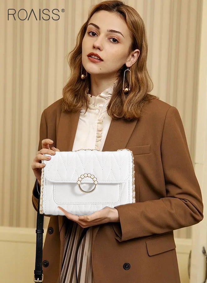 roaiss White Sweet Pearl Decor Shoulder Crossbody Square Bag Stylish Casual Flap Metal Magnetic Quilted PU Leather Clutch for Women  - Image 1