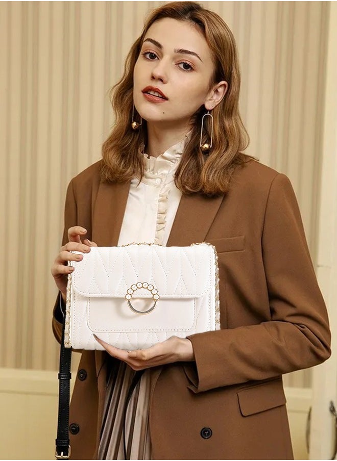 roaiss White Sweet Pearl Decor Shoulder Crossbody Square Bag Stylish Casual Flap Metal Magnetic Quilted PU Leather Clutch for Women  - Image 1