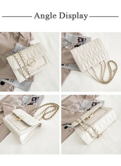 roaiss White Sweet Pearl Decor Shoulder Crossbody Square Bag Stylish Casual Flap Metal Magnetic Quilted PU Leather Clutch for Women  - Image 2