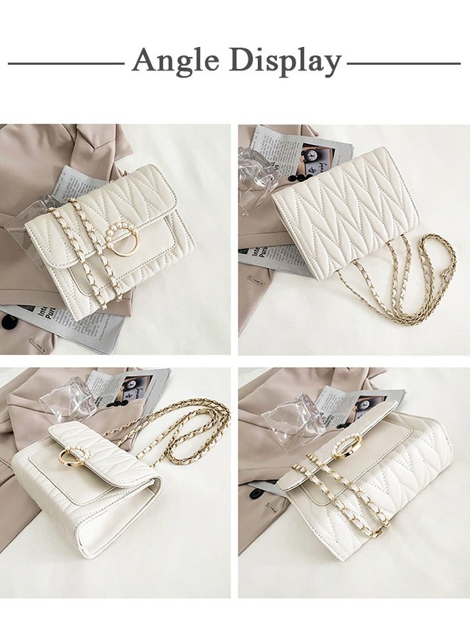 roaiss White Sweet Pearl Decor Shoulder Crossbody Square Bag Stylish Casual Flap Metal Magnetic Quilted PU Leather Clutch for Women  - Image 2