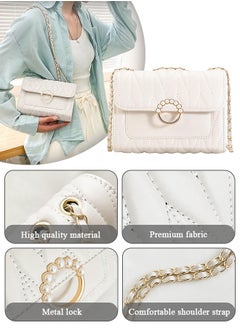 roaiss White Sweet Pearl Decor Shoulder Crossbody Square Bag Stylish Casual Flap Metal Magnetic Quilted PU Leather Clutch for Women  - Image 3