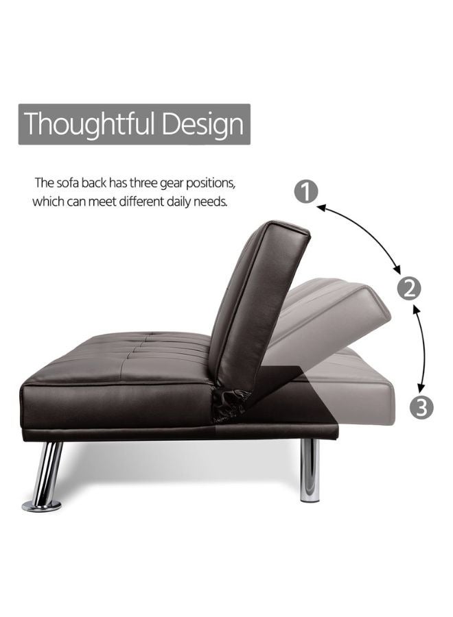 KARNAK Futon Sofa Bed, Faux Leather Lounge Couch for Living Room, Convertible Upholstered Loveseat Sleeper, Small Futon Couch for Small Space w/Cup Holders and Armrest, 3 Adjustable Positions (Brown) - Image 4