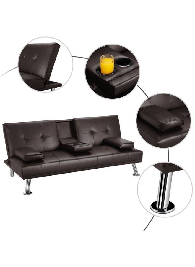 KARNAK Futon Sofa Bed, Faux Leather Lounge Couch for Living Room, Convertible Upholstered Loveseat Sleeper, Small Futon Couch for Small Space w/Cup Holders and Armrest, 3 Adjustable Positions (Brown) - Image 3
