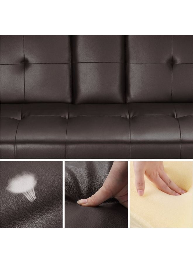 KARNAK Futon Sofa Bed, Faux Leather Lounge Couch for Living Room, Convertible Upholstered Loveseat Sleeper, Small Futon Couch for Small Space w/Cup Holders and Armrest, 3 Adjustable Positions (Brown) - Image 5