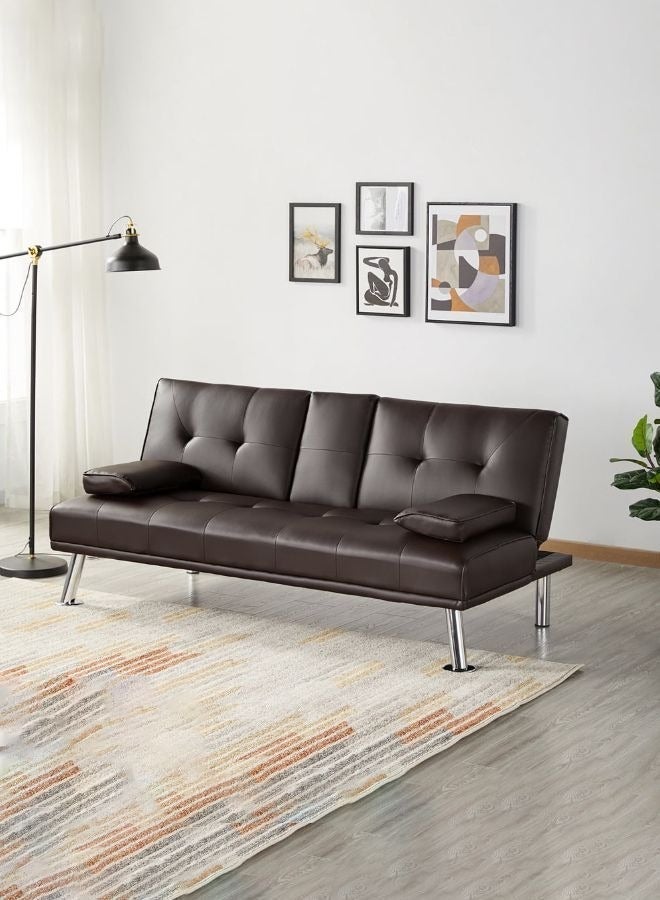 KARNAK Futon Sofa Bed, Faux Leather Lounge Couch for Living Room, Convertible Upholstered Loveseat Sleeper, Small Futon Couch for Small Space w/Cup Holders and Armrest, 3 Adjustable Positions (Brown) - Image 1