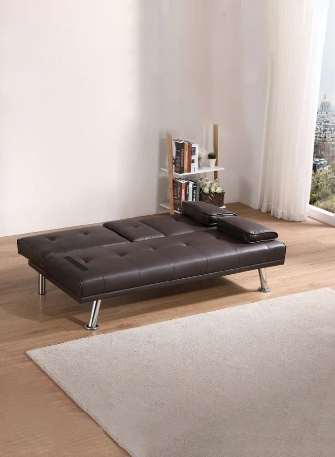 KARNAK Futon Sofa Bed, Faux Leather Lounge Couch for Living Room, Convertible Upholstered Loveseat Sleeper, Small Futon Couch for Small Space w/Cup Holders and Armrest, 3 Adjustable Positions (Brown) - Image 2