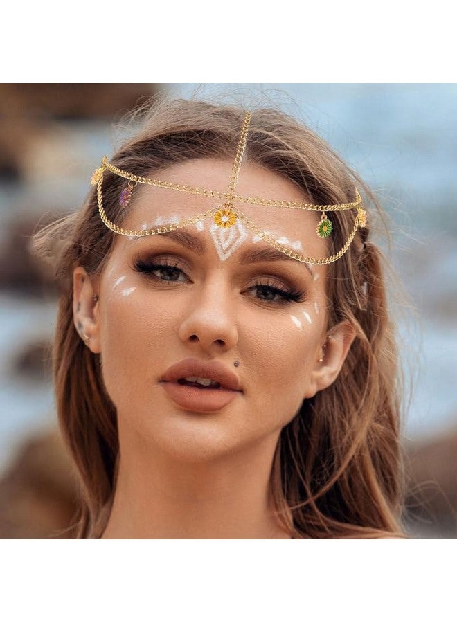 Jovono Boho Head Chain Gold Daisy Headpiece Flower Hair Chain Beach Costume Hair Accessories For Women And Girls - Image 3