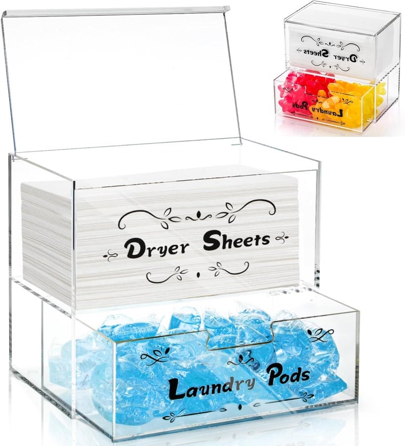 TPGP Noamus 2 Tiers Dryer Sheet Holder - Acrylic Storage Box with Drawer and Lid for Laundry Pods and Dryer Sheets - Image 1