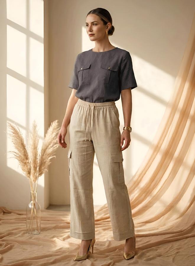 Mish Beige Wide Leg Cargo Pants with Flap Pocket Detail - Image 5