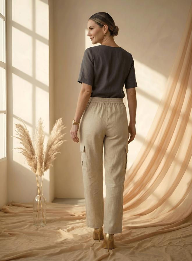 Mish Beige Wide Leg Cargo Pants with Flap Pocket Detail - Image 4
