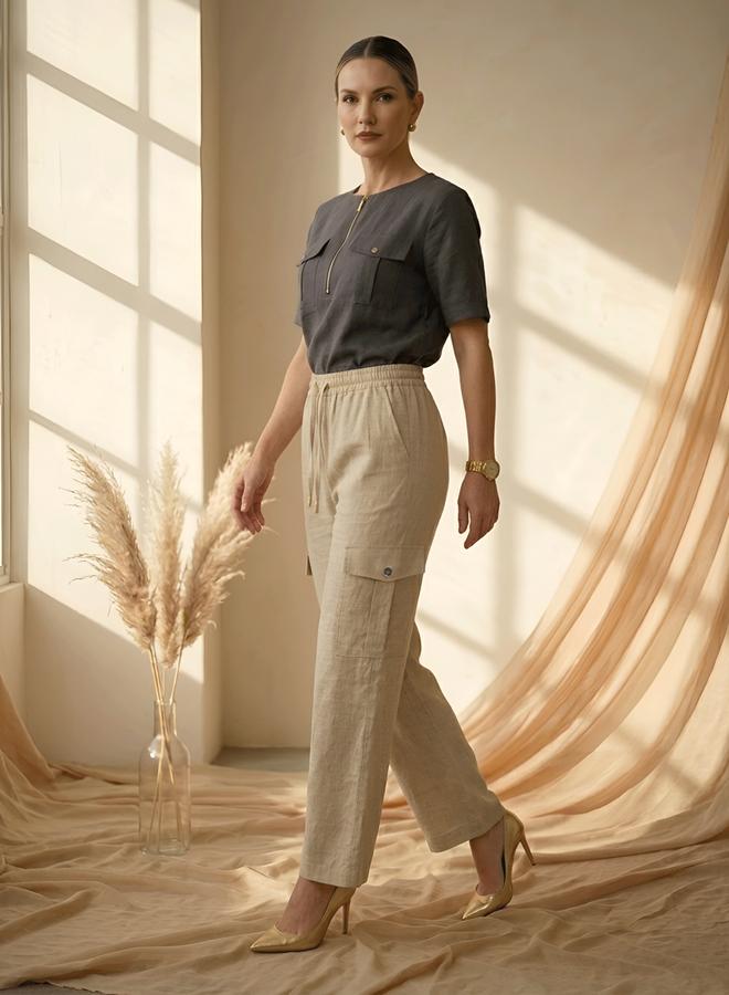 Mish Beige Wide Leg Cargo Pants with Flap Pocket Detail - Image 3