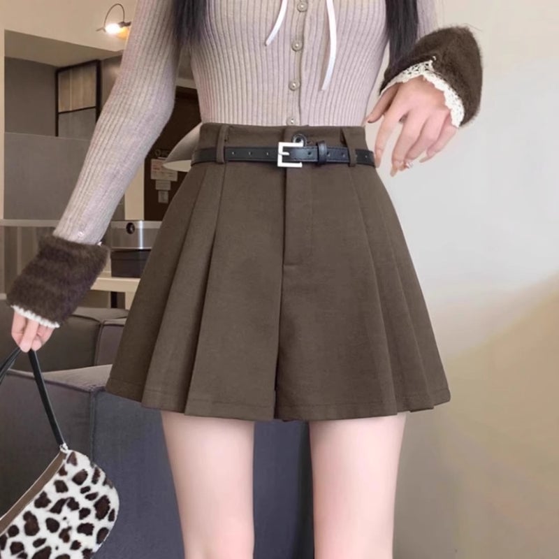 Brown Pleated Woolen Shorts Women'S Outer Wear High Waist Slimming A- Shaped Wide Leg Casual Boots Pantsuit - Image 5