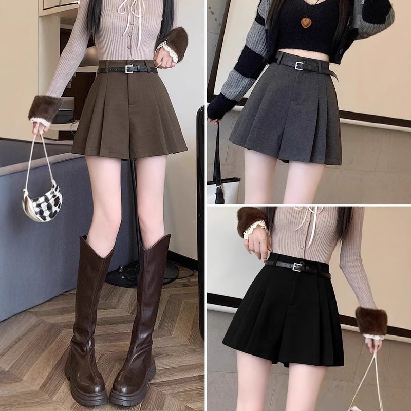 Brown Pleated Woolen Shorts Women'S Outer Wear High Waist Slimming A- Shaped Wide Leg Casual Boots Pantsuit - Image 2