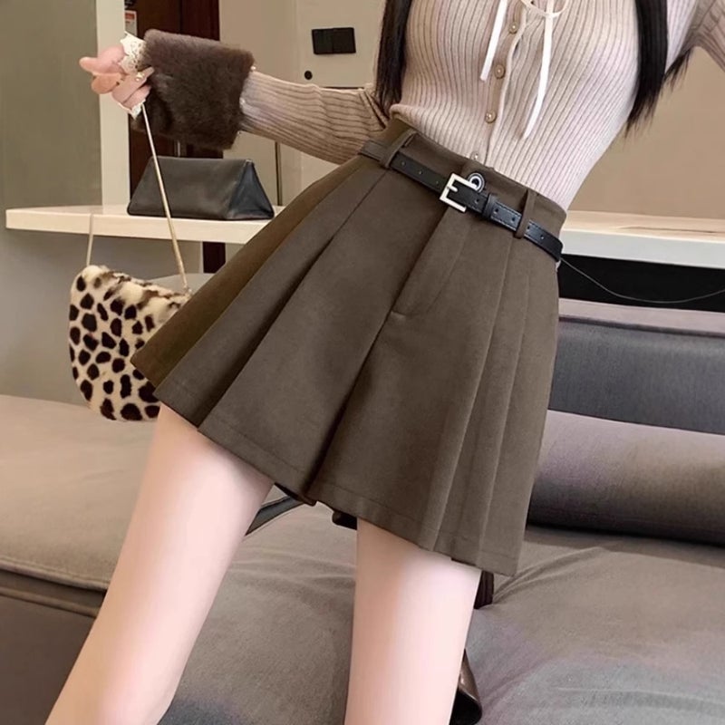Brown Pleated Woolen Shorts Women'S Outer Wear High Waist Slimming A- Shaped Wide Leg Casual Boots Pantsuit - Image 3